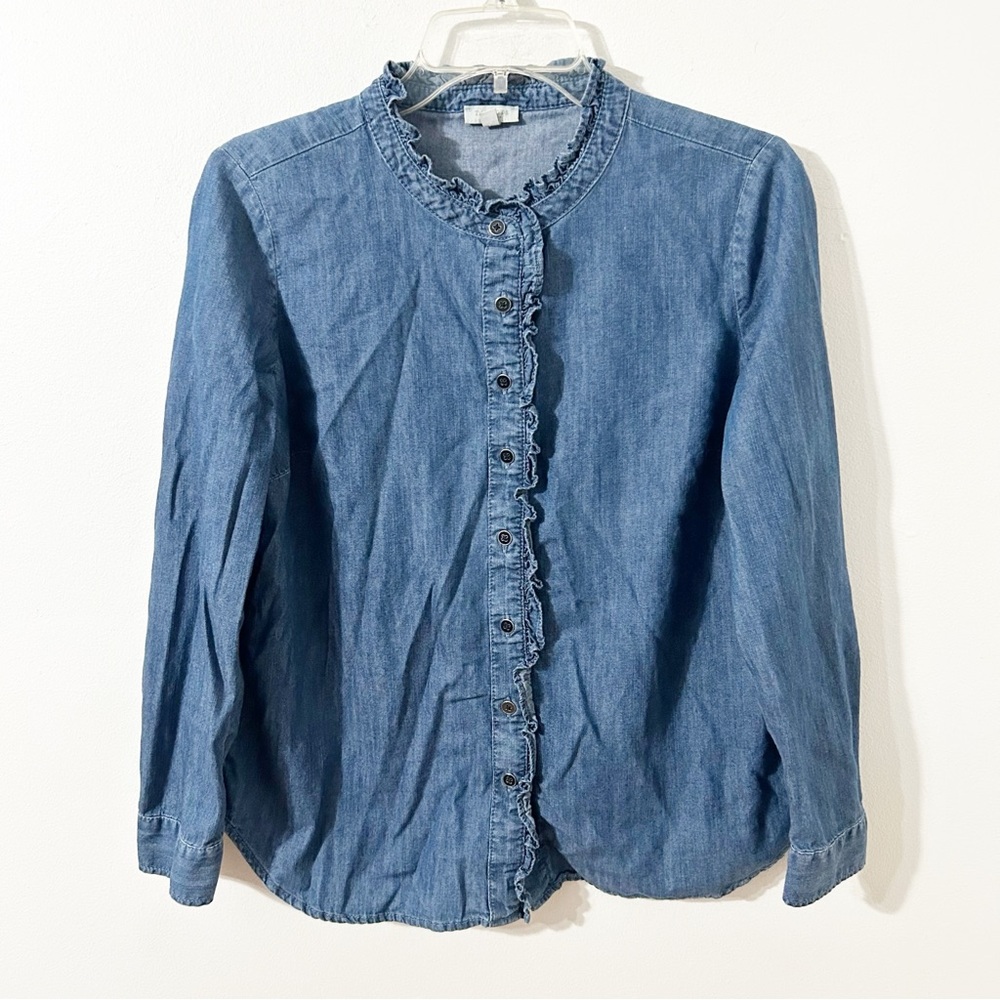 Talbots Petites Button Front Denim Jean Shirt Long Sleeves Ruffled Details 💙